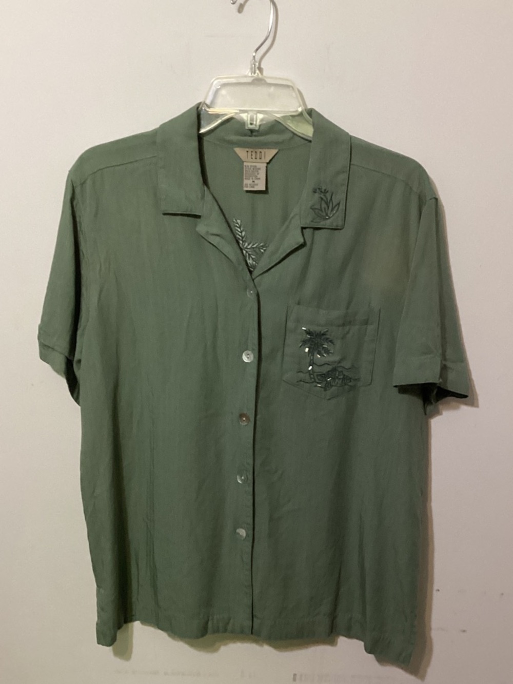 Vintage TEDDI Embroidered Beaded Palm Tree Button-Up Shirt 90's / Y2K Boho Med